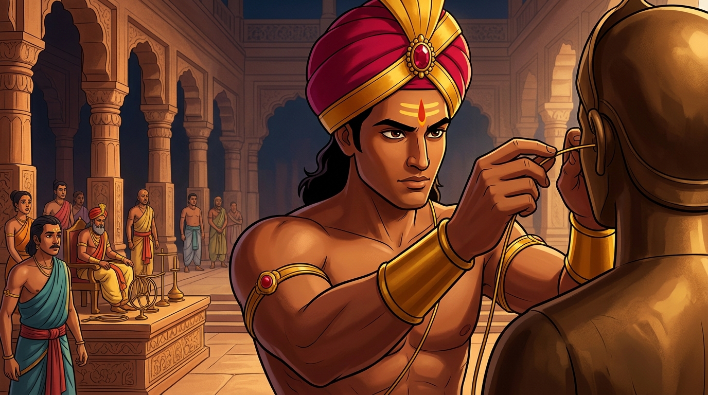 Vikramaditya gently feeds the thin golden wire into the right ear canal of the First Statue