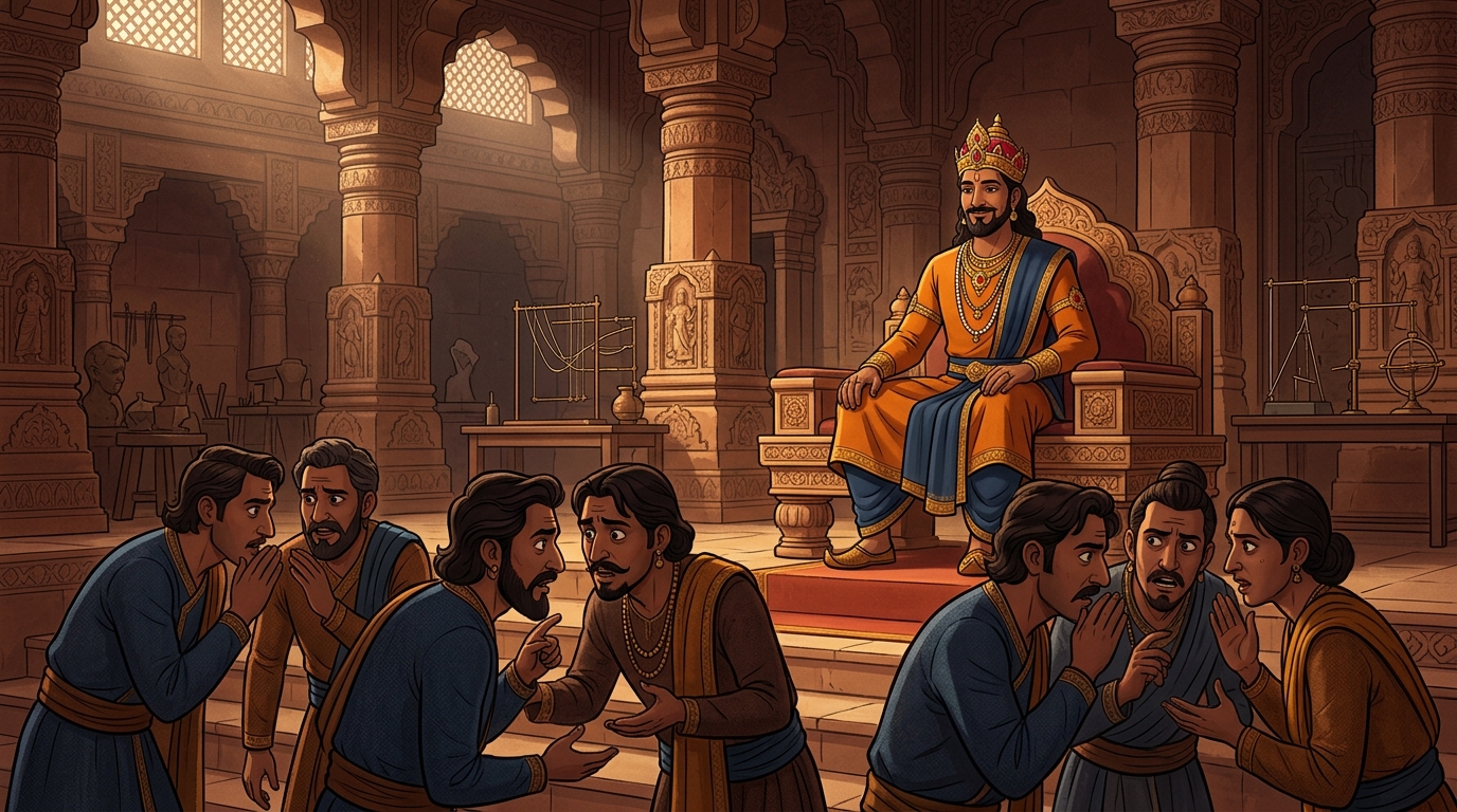 The courtiers whisper in confusion, while Vikramaditya nods with a knowing, serene smile