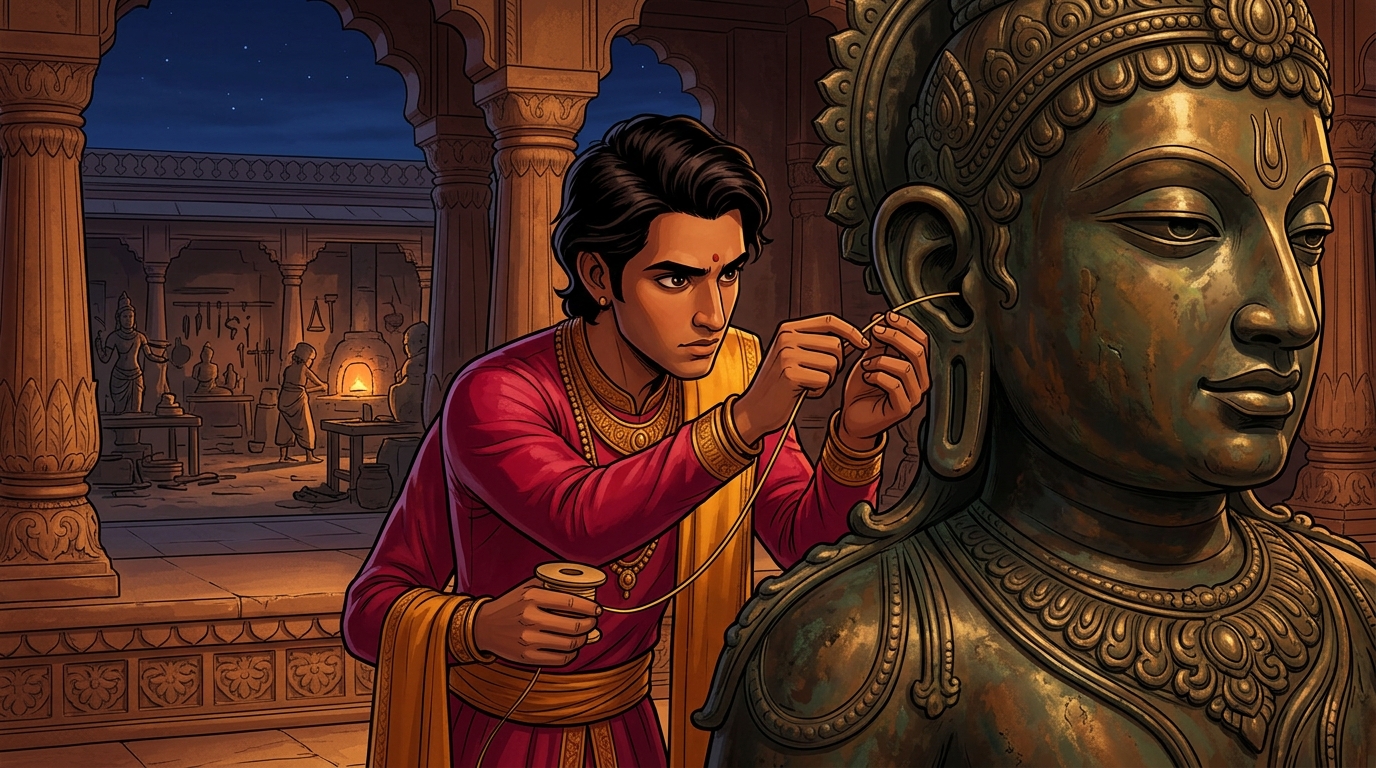 Vikramaditya approaches the Second Statue, feeding the golden wire into its right ear