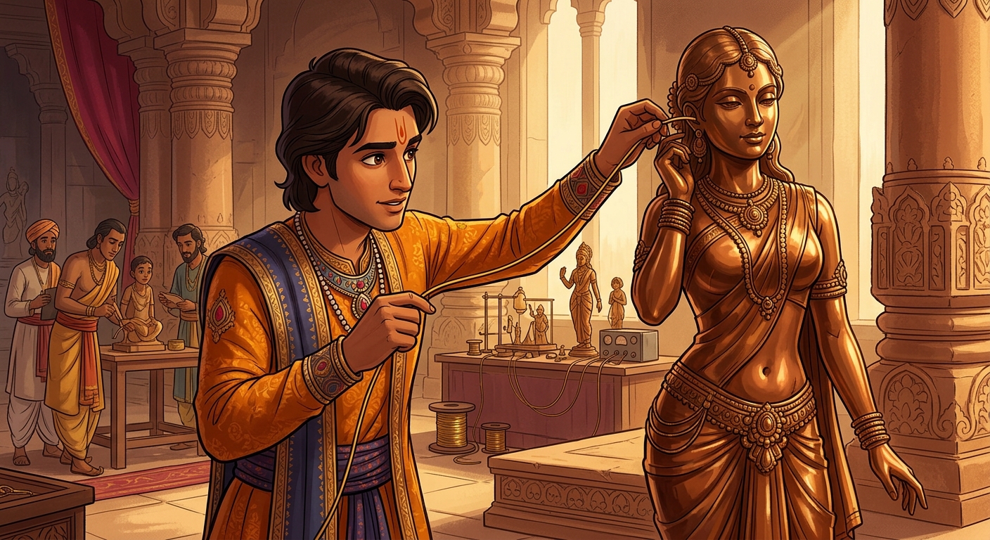 Vikramaditya approaches the Third Statue, carefully feeding the golden wire into its right ear