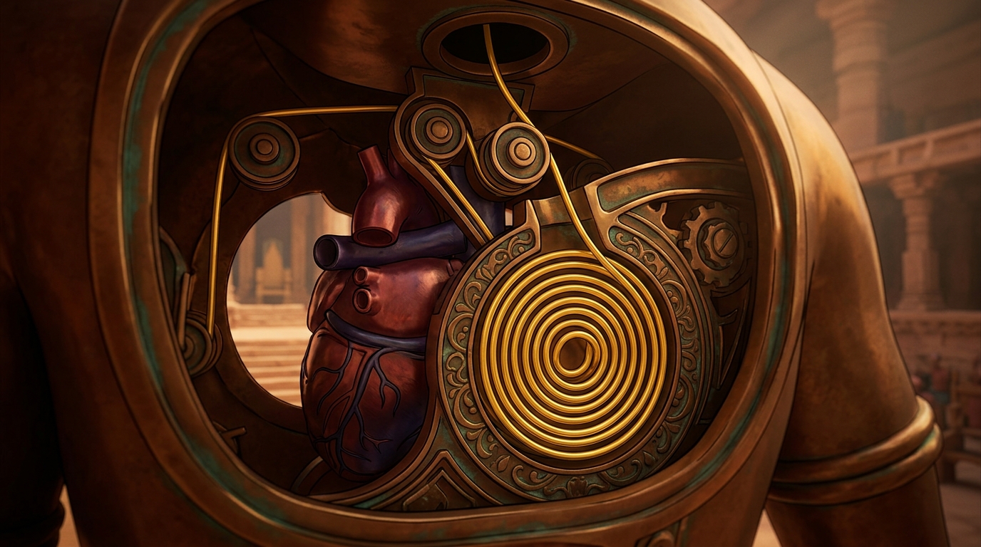 The golden wire travels down into the bronze chest and coils securely inside the Heart