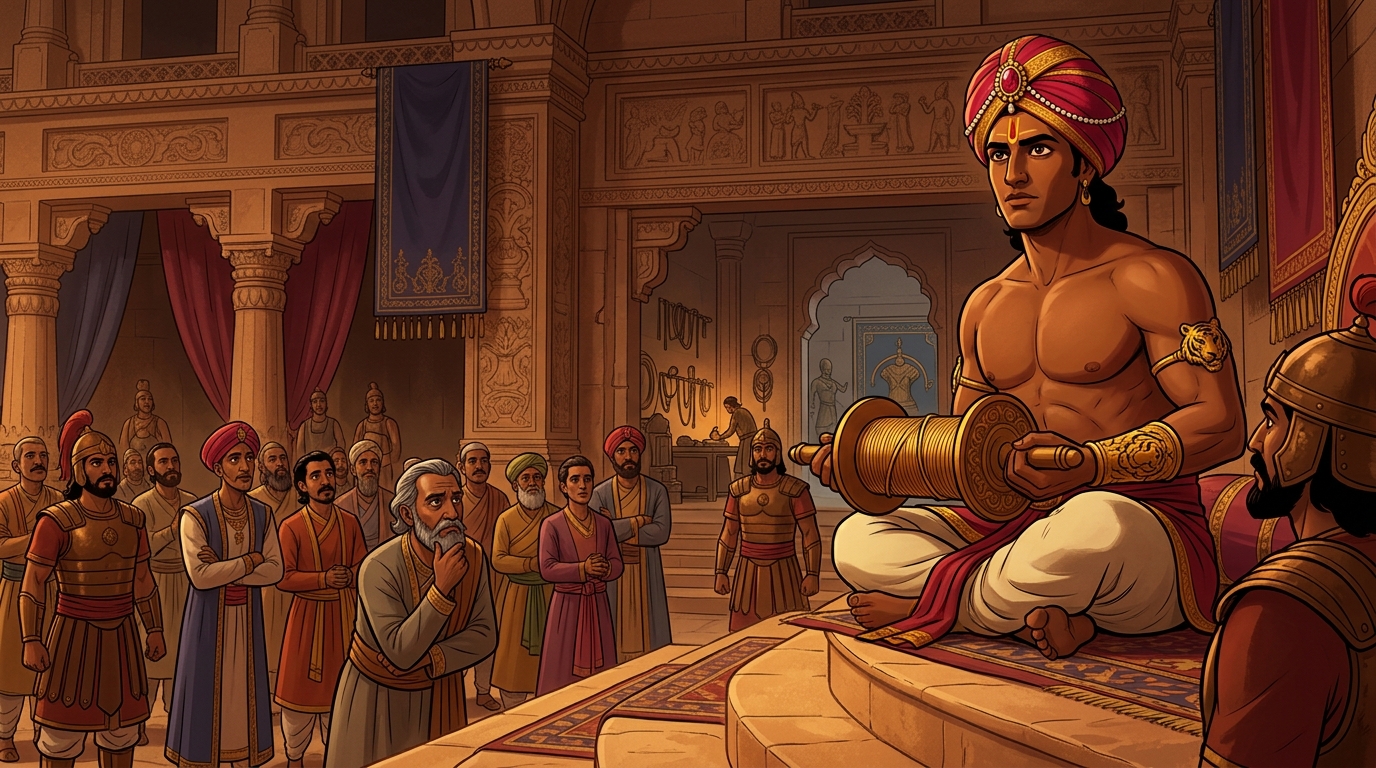 Vikramaditya holds the spool, his eyes blazing with profound philosophical clarity
