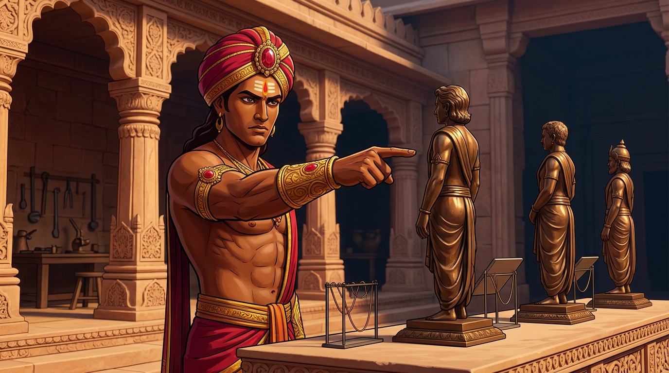 Vikramaditya points to the First Statue: 'This is worth barely ONE COPPER PANA!'