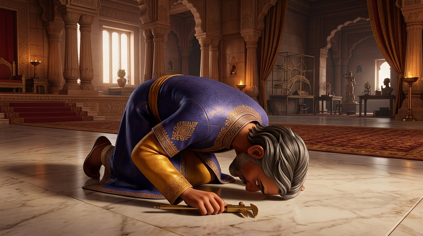 Master Sculptor Maya-Shilpi drops to his knees on the marble floor in tears