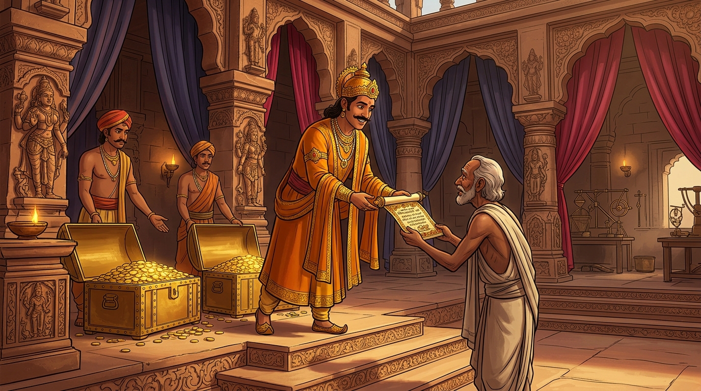 Vikramaditya rewards the sculptor with two hundred thousand gold dinars and royal titles