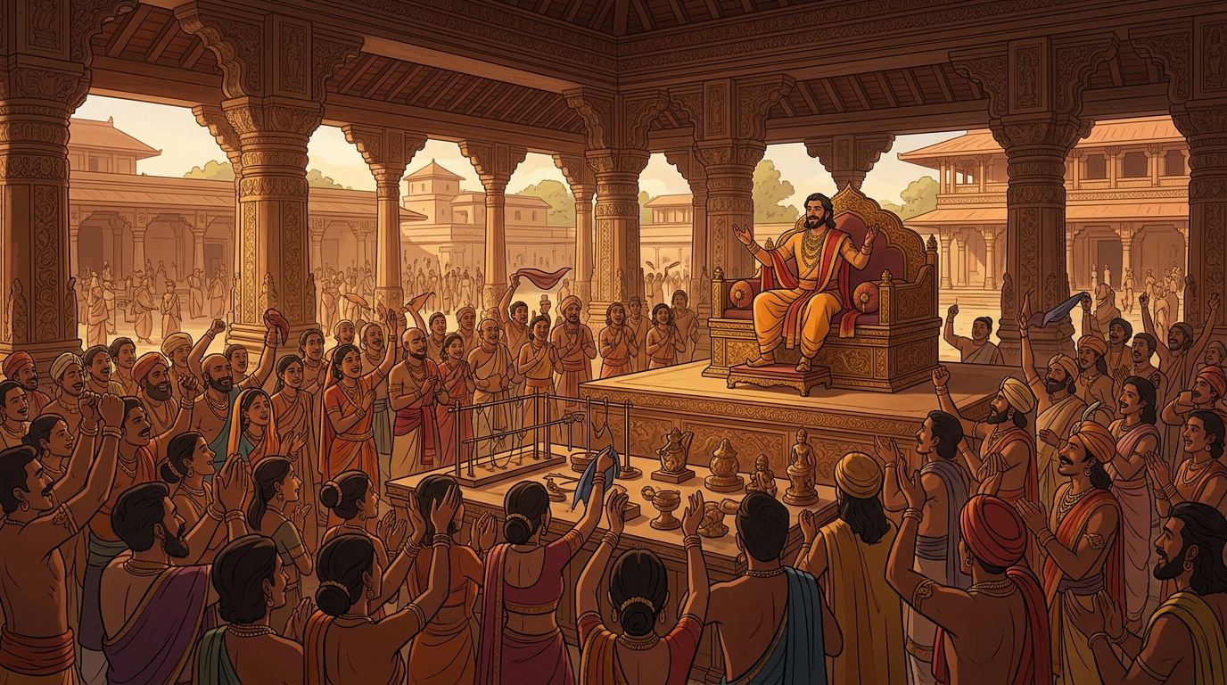 The entire assembly of Ujjayini erupts in thunderous cheering, celebrating the triumph