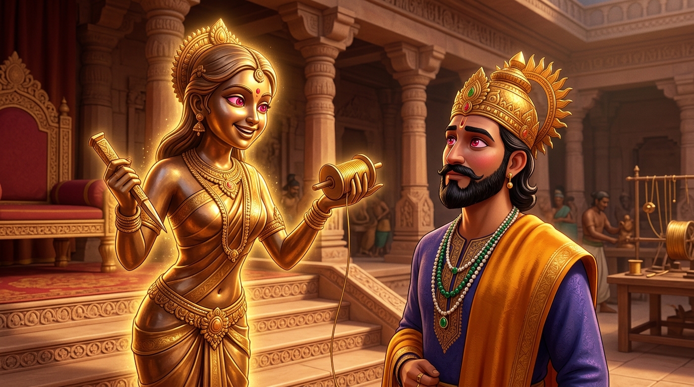 Back in Dharanagari palace, Ratipriya looks directly at King Bhoja with crimson-rose eyes