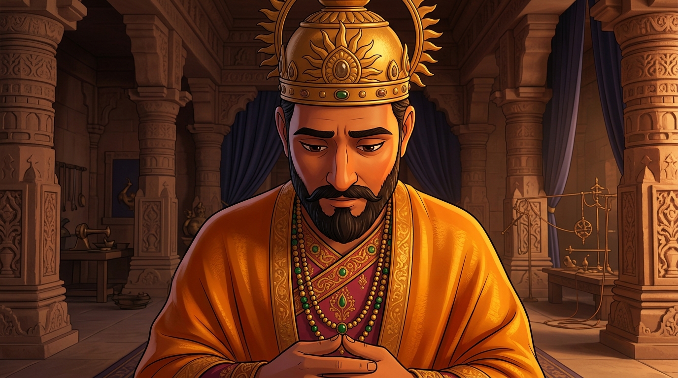 King Bhoja lowers his head in deep humility and introspection, acknowledging Vikramaditya's insight