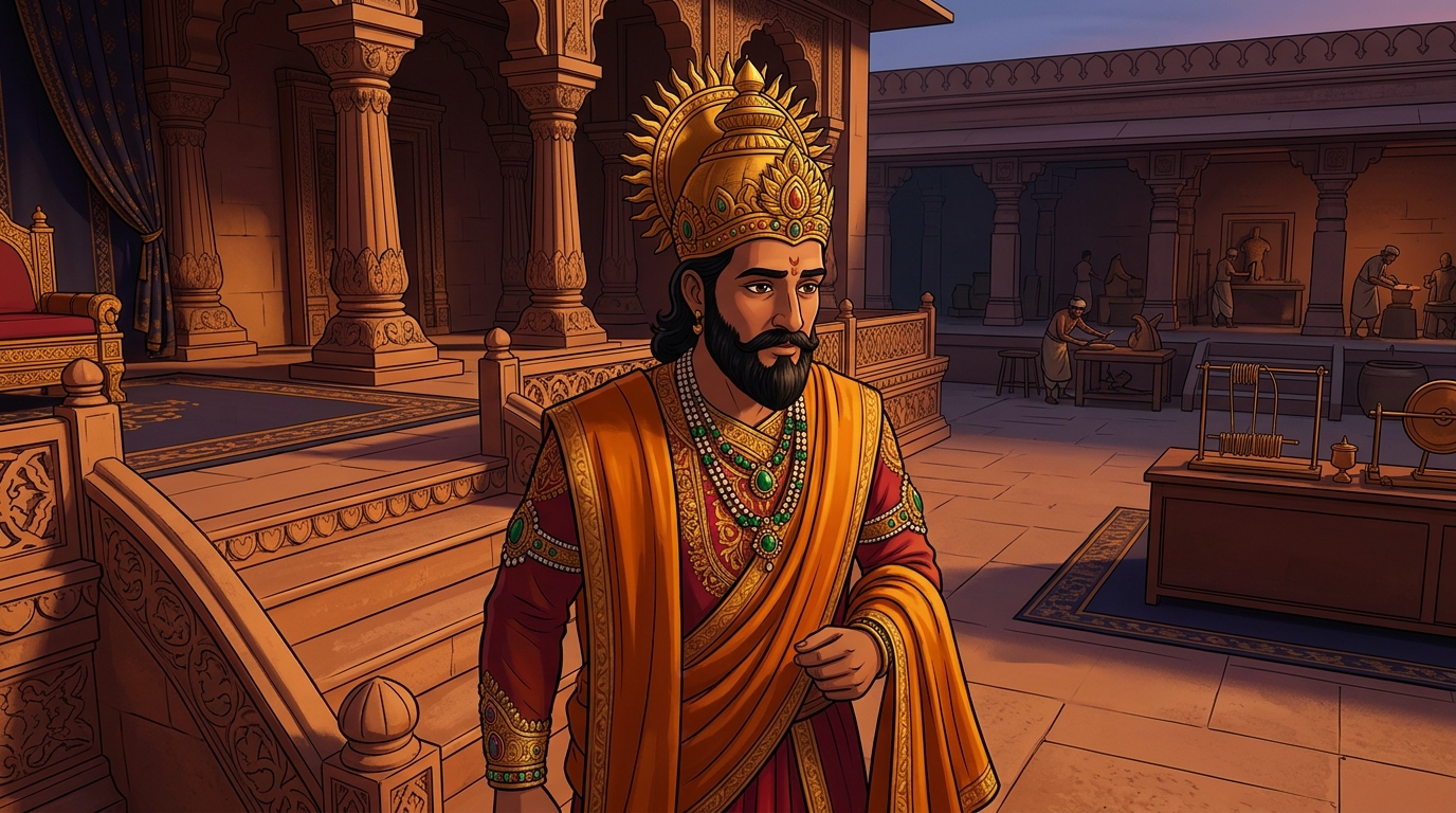 King Bhoja steps down from the thirteenth step, ordering philosophical ethics academies established