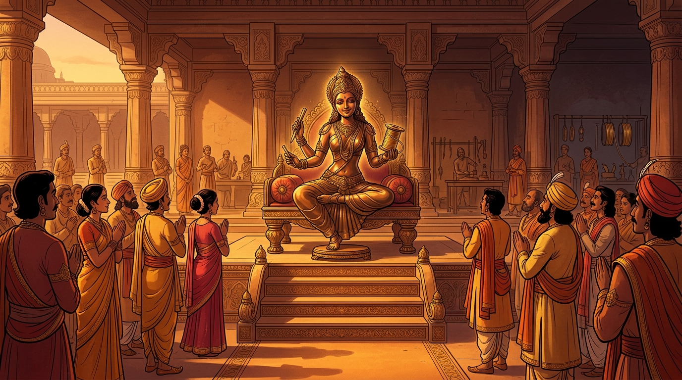 Twilight conches echo across Dharanagari as Ratipriya smiles and freezes back into silent bronze