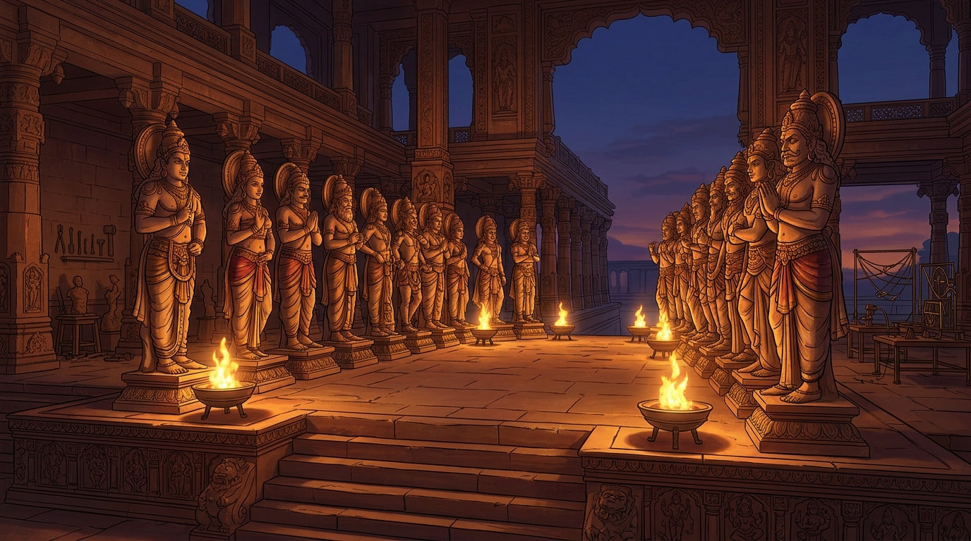 The remaining nineteen celestial statues gleam in the evening torchlight
