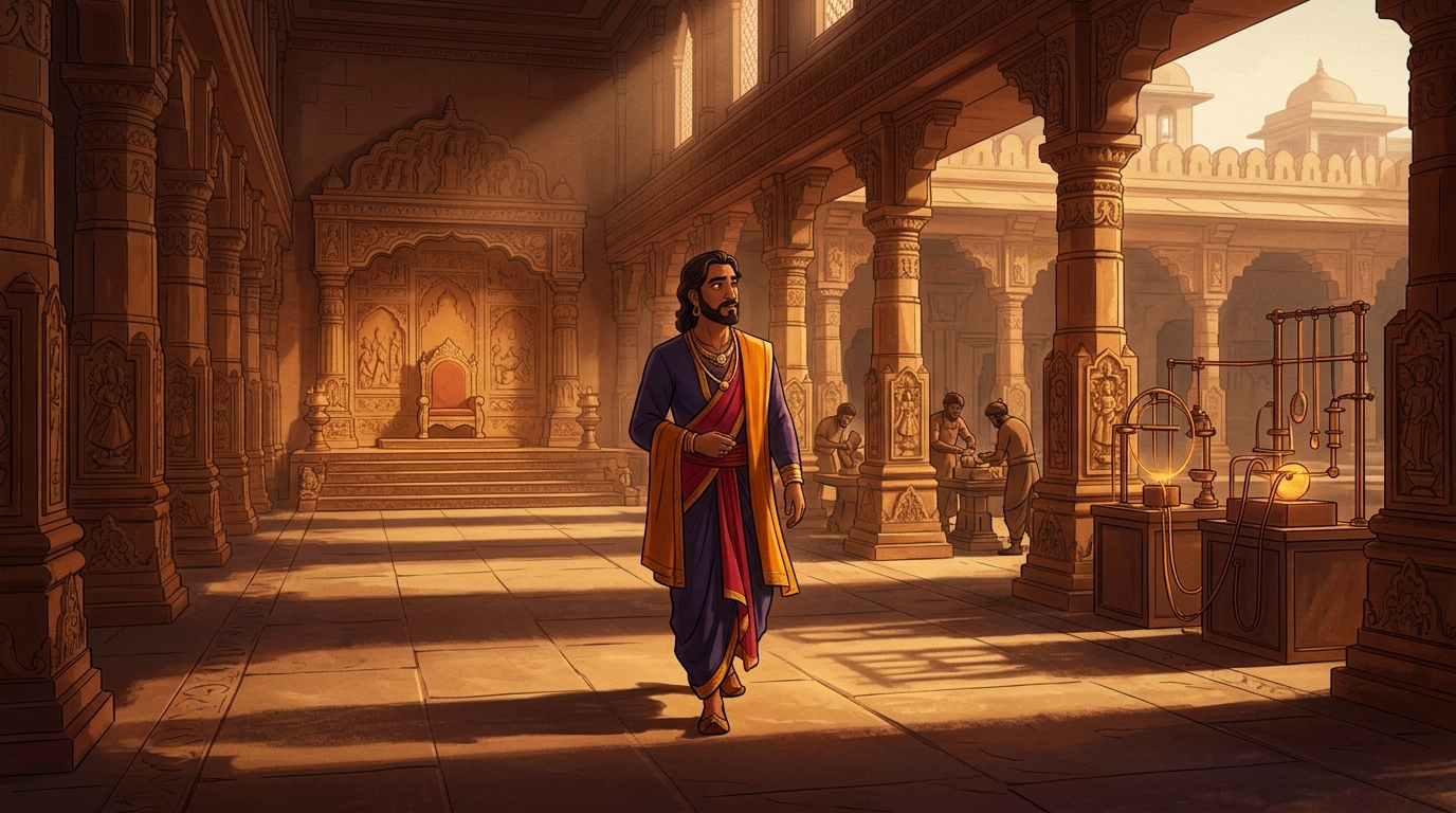 King Bhoja departs the throne room in quiet contemplation, enriched by Vikramaditya's wisdom