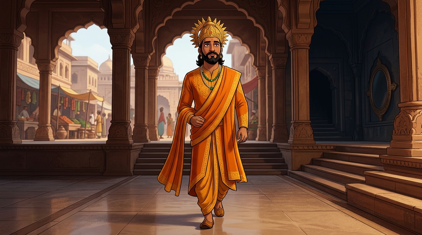 King Bhoja in sacred saffron silks approaches the fourteenth step of the throne