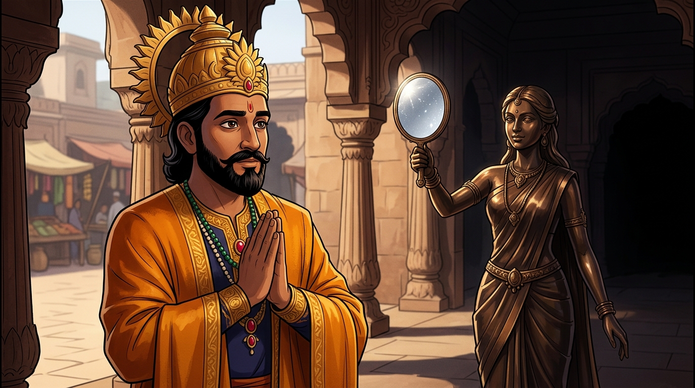 King Bhoja halts in deep reverence with folded hands, gazing at the living bronze maiden