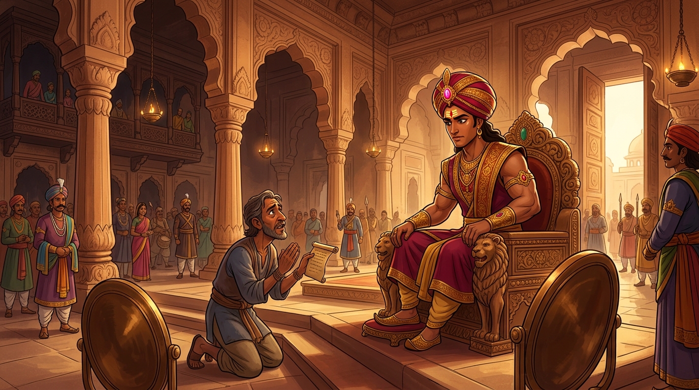 In the grand audience hall of ancient Ujjayini, Vikramaditya listens to an emotional petition
