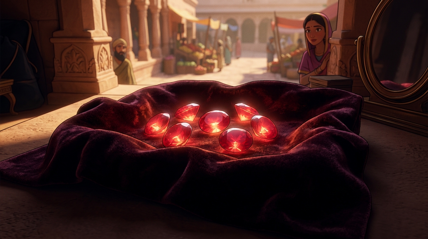 Flashback close-up of seven glowing, flawless deep-crimson Padmaraga rubies