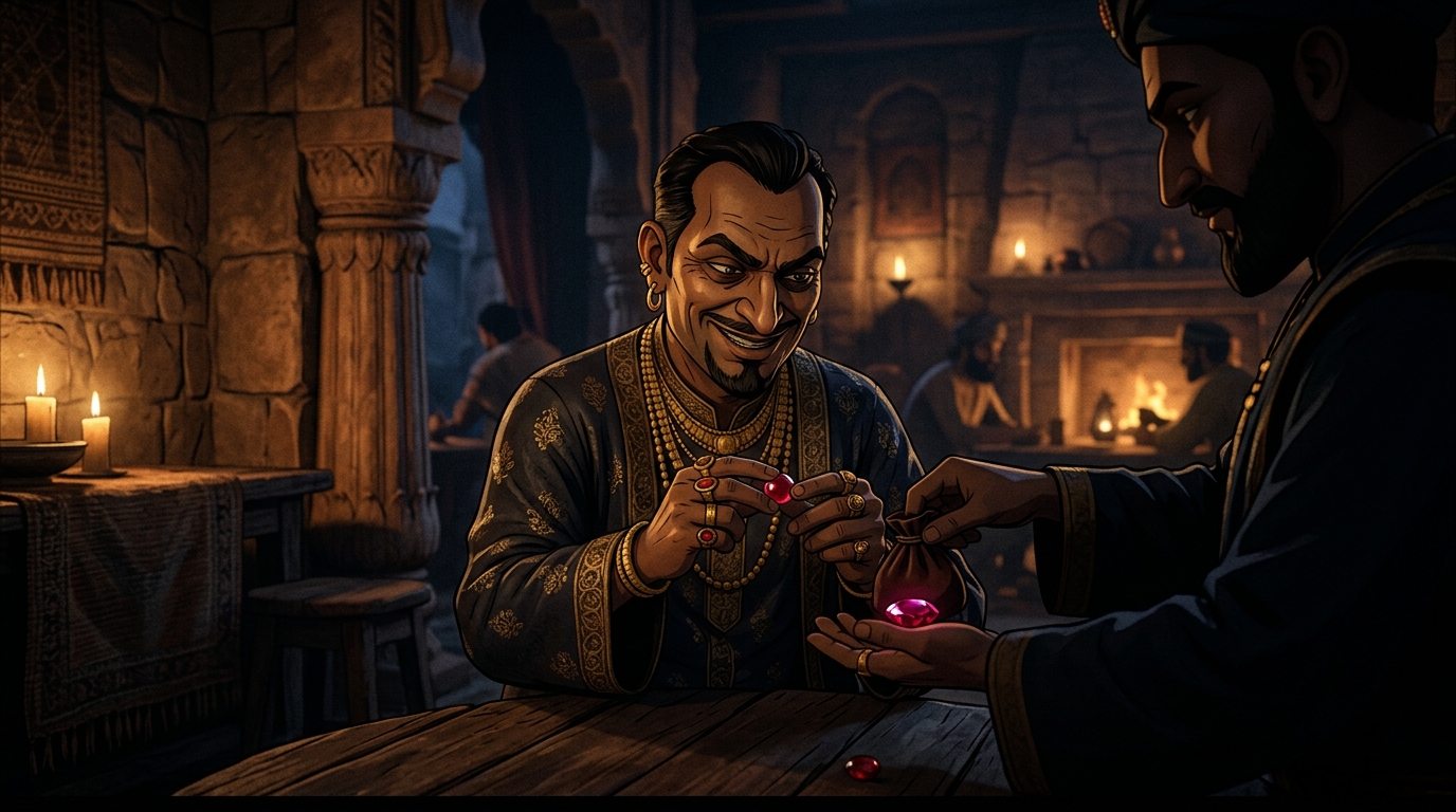 In a dark tavern of Kutamani Nagari, Suvarnadatta and corrupt officials swap the rubies for glass beads