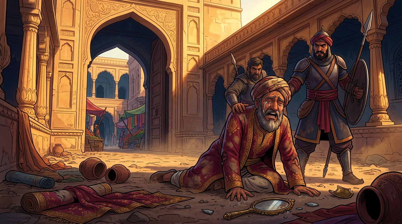 The swindled merchant thrown out into the dusty street by corrupt city guards