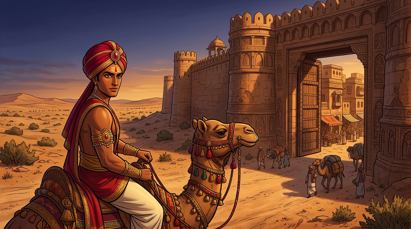 Disguised as a flashy young diamond merchant named Hirakavardhana, Vikramaditya arrives on an ornate camel