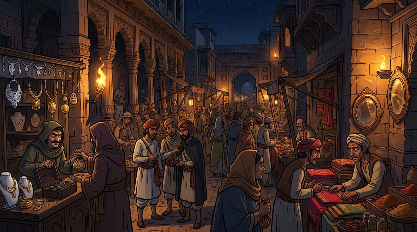 The crowded streets of Kutamani Nagari filled with shady goldsmiths and calculating merchants