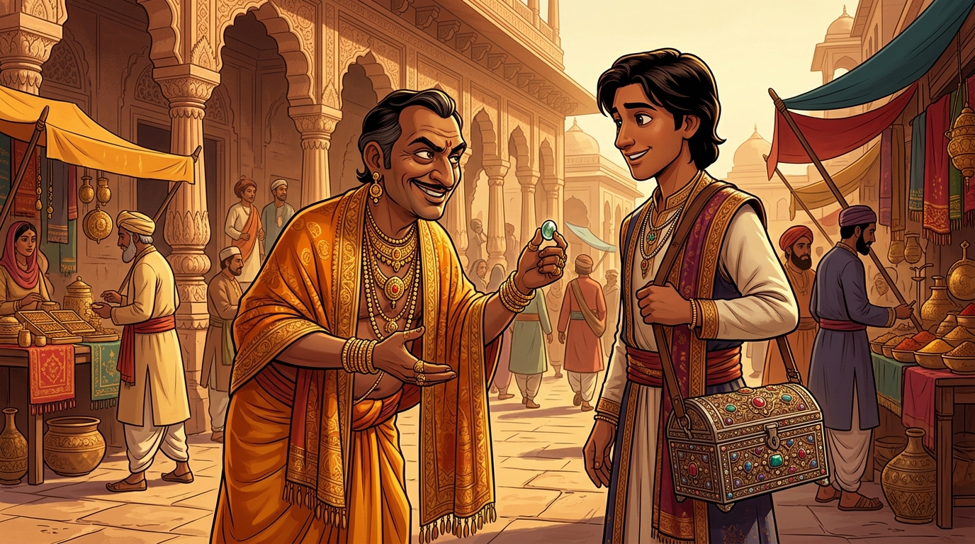 Goldsmith Suvarnadatta approaches the wealthy traveler with flattering smiles