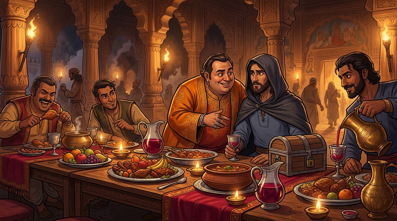 The corrupt syndicate treats the disguised King to sweet wines and elaborate banquets