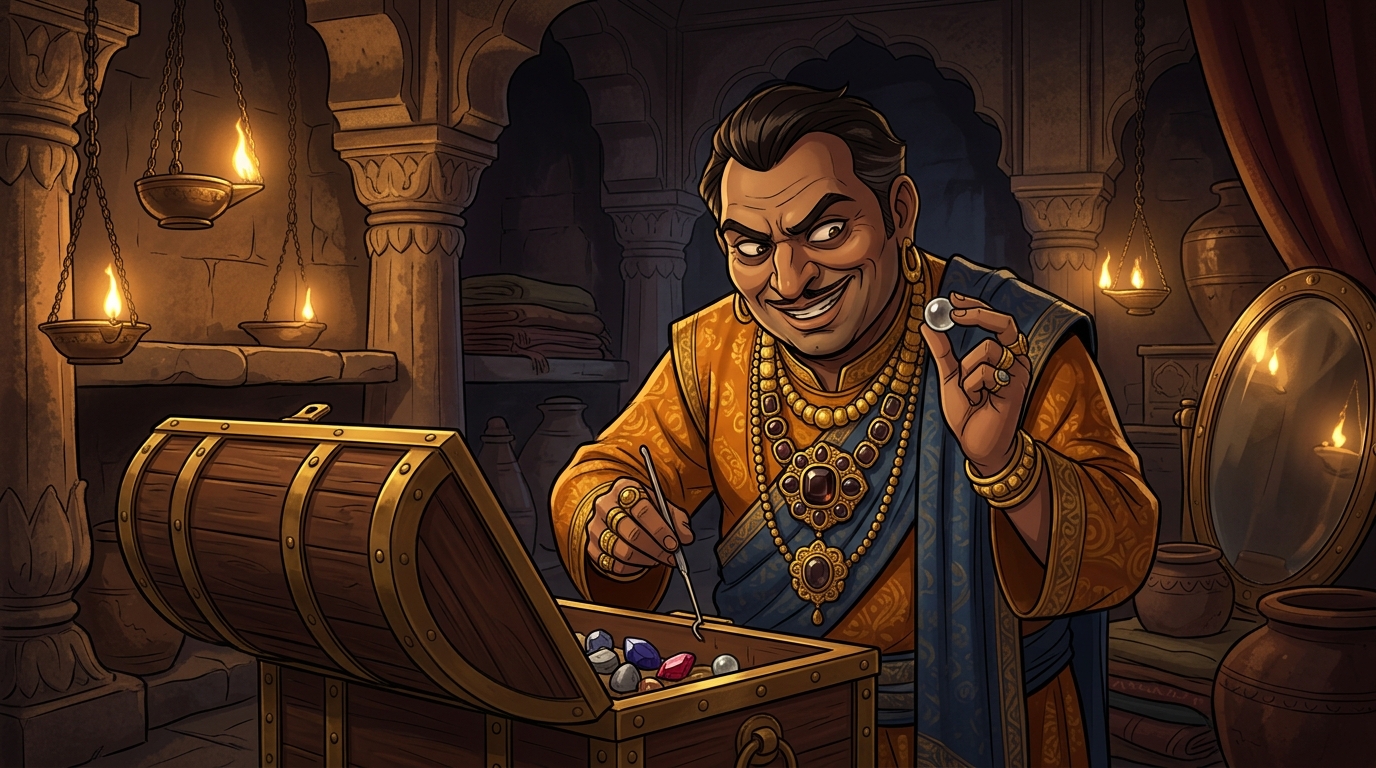 In the dark vault under oil lamps, Suvarnadatta picks the lock, swapping the real gems with lead weights