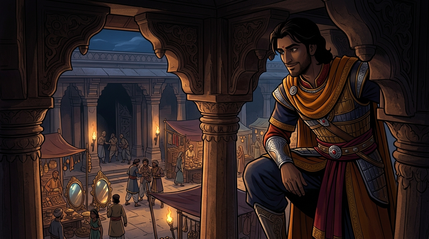 In the shadows above, Vikramaditya watches the entire theft with a calm calculating warrior smile
