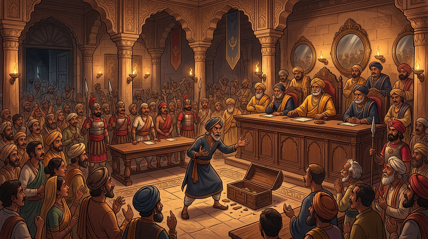 The next morning in the crowded municipal court, the disguised Vikramaditya claims his chest was looted