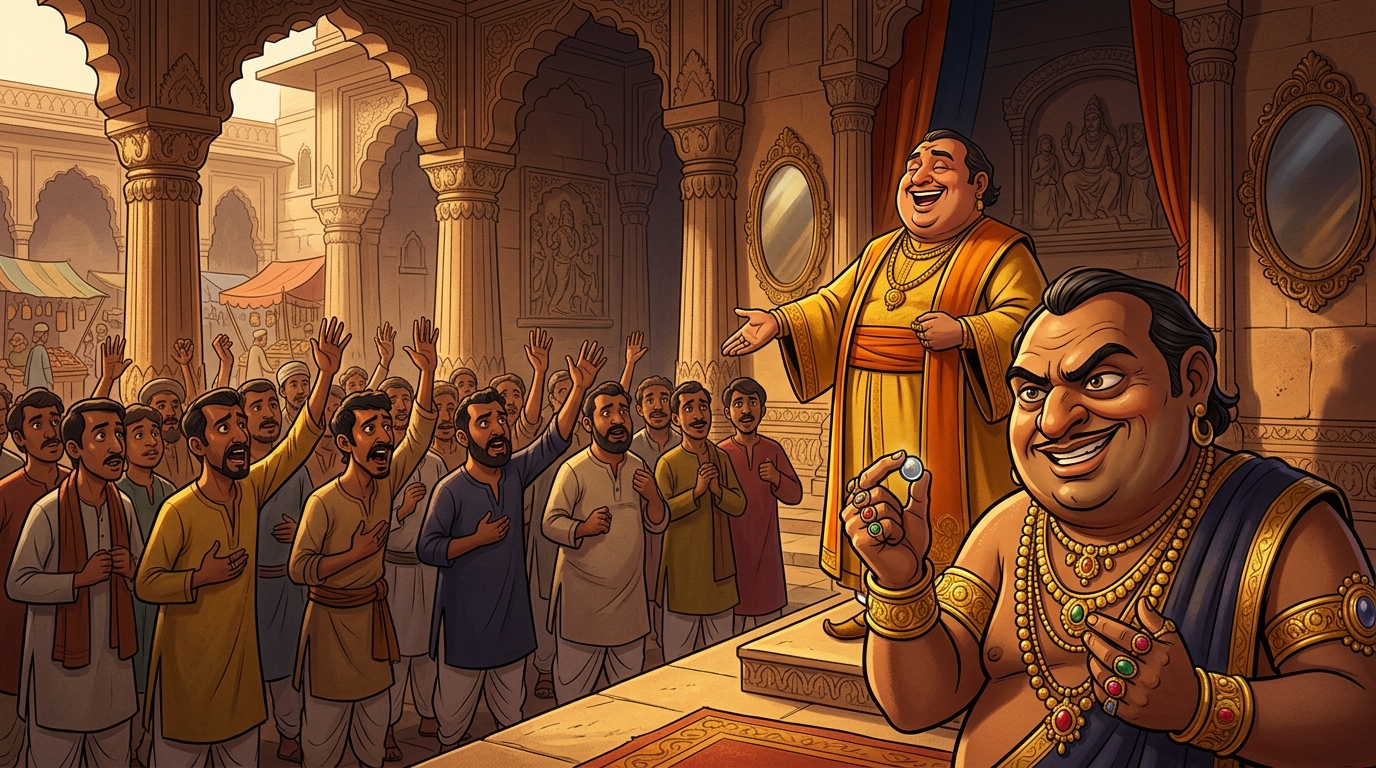 Suvarnadatta and the corrupt judge laugh arrogantly, presenting twenty bought witnesses