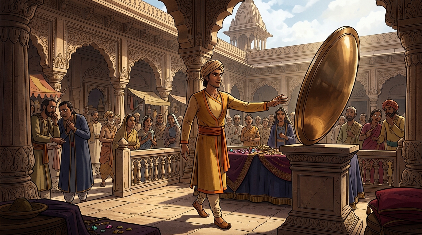 The disguised Vikramaditya steps forward calmly: 'Let the Vedic Mirror of Solar Truth judge the gems!'