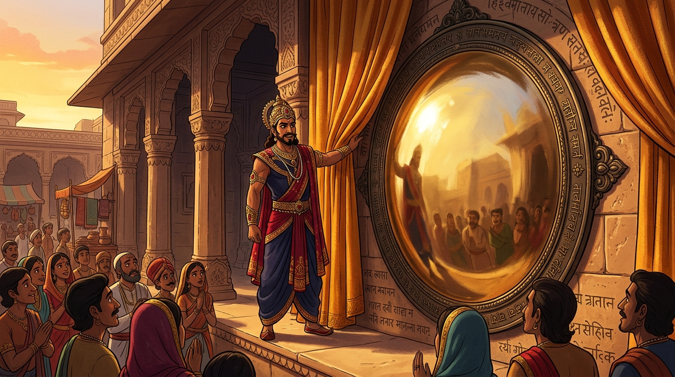 Vikramaditya unveils a magnificent polished convex speculum-bronze mirror carved with solar mantras
