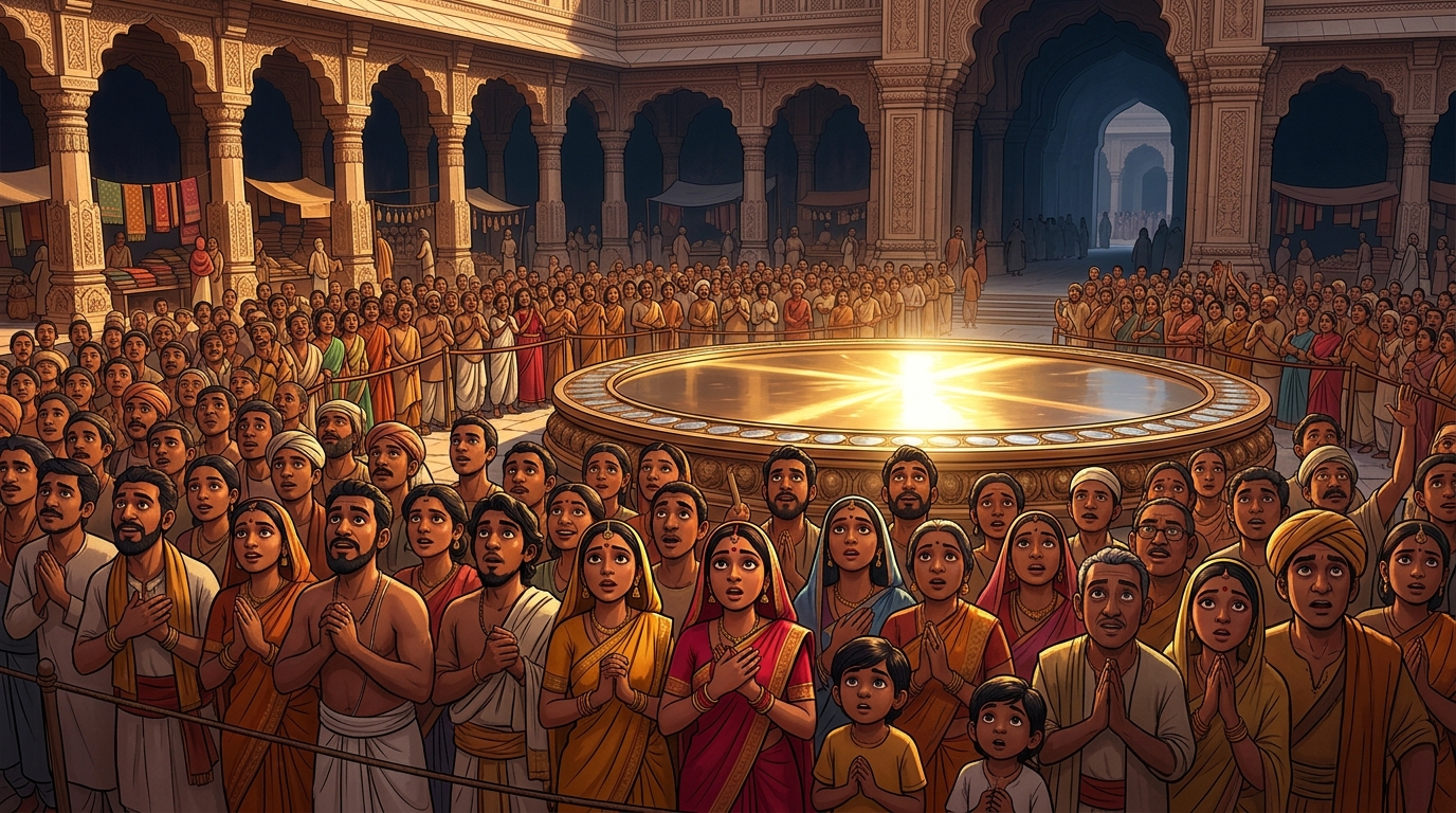 The thousands of gathered citizens press forward in breathless anticipation