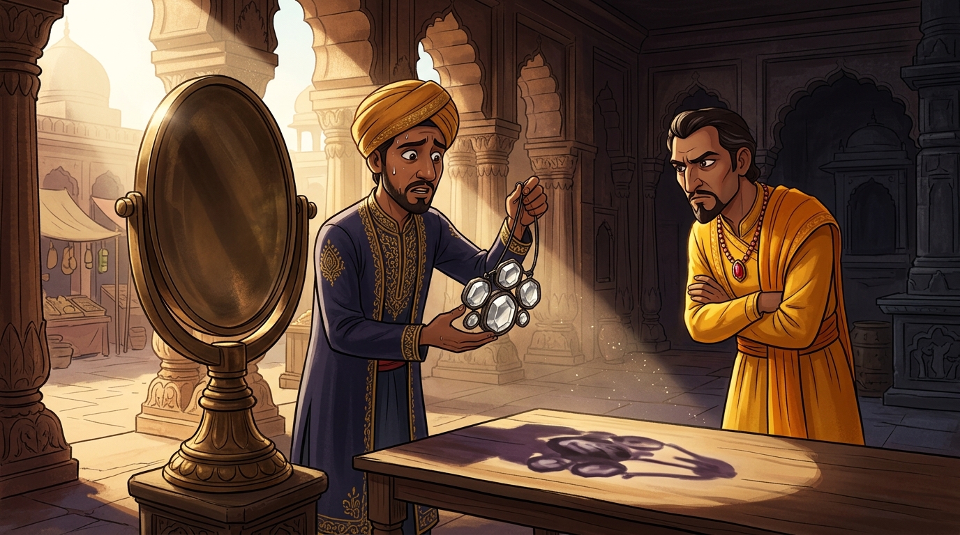 The nervous goldsmith holds the glass stones before the sunlit mirror; the fake glass casts dark murky shadows