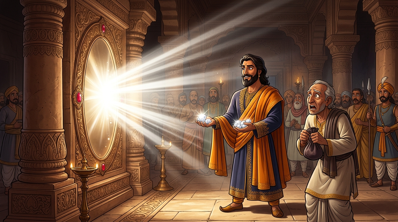 Vikramaditya produces the real gems; blinding beams of white solar light erupt from the mirror