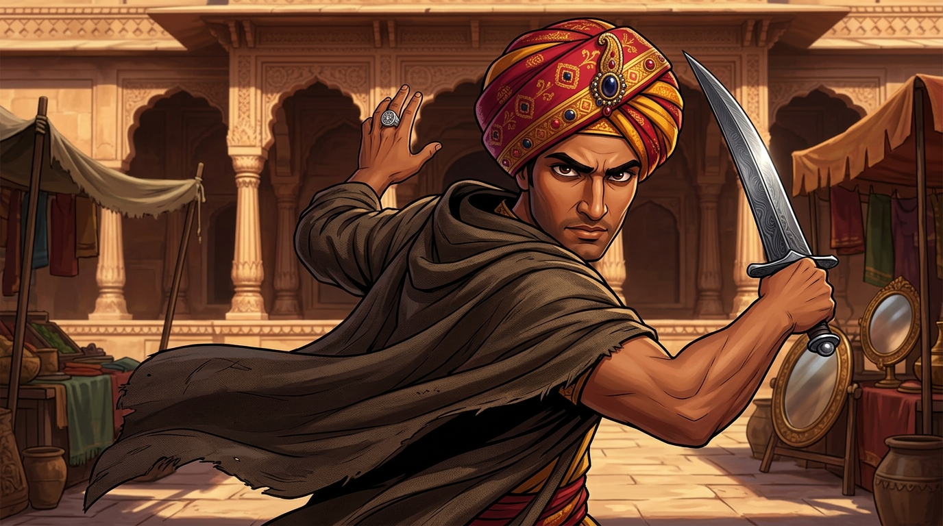 Vikramaditya casts off his disguise, revealing his imperial turban, sword, and royal signet ring