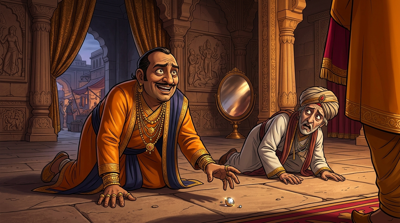 Suvarnadatta and the corrupt judge collapse to the floor in trembling terror, begging for mercy