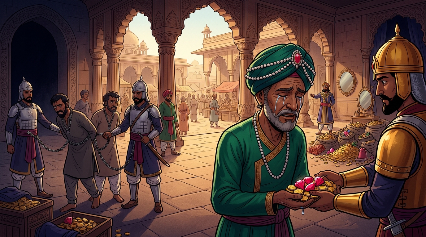 Vikramaditya orders the corrupt syndicate arrested and seven rubies restored to Manibhadra