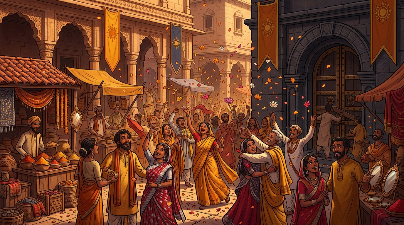 The honest citizens and merchants of Kutamani Nagari celebrate under a shower of flower petals