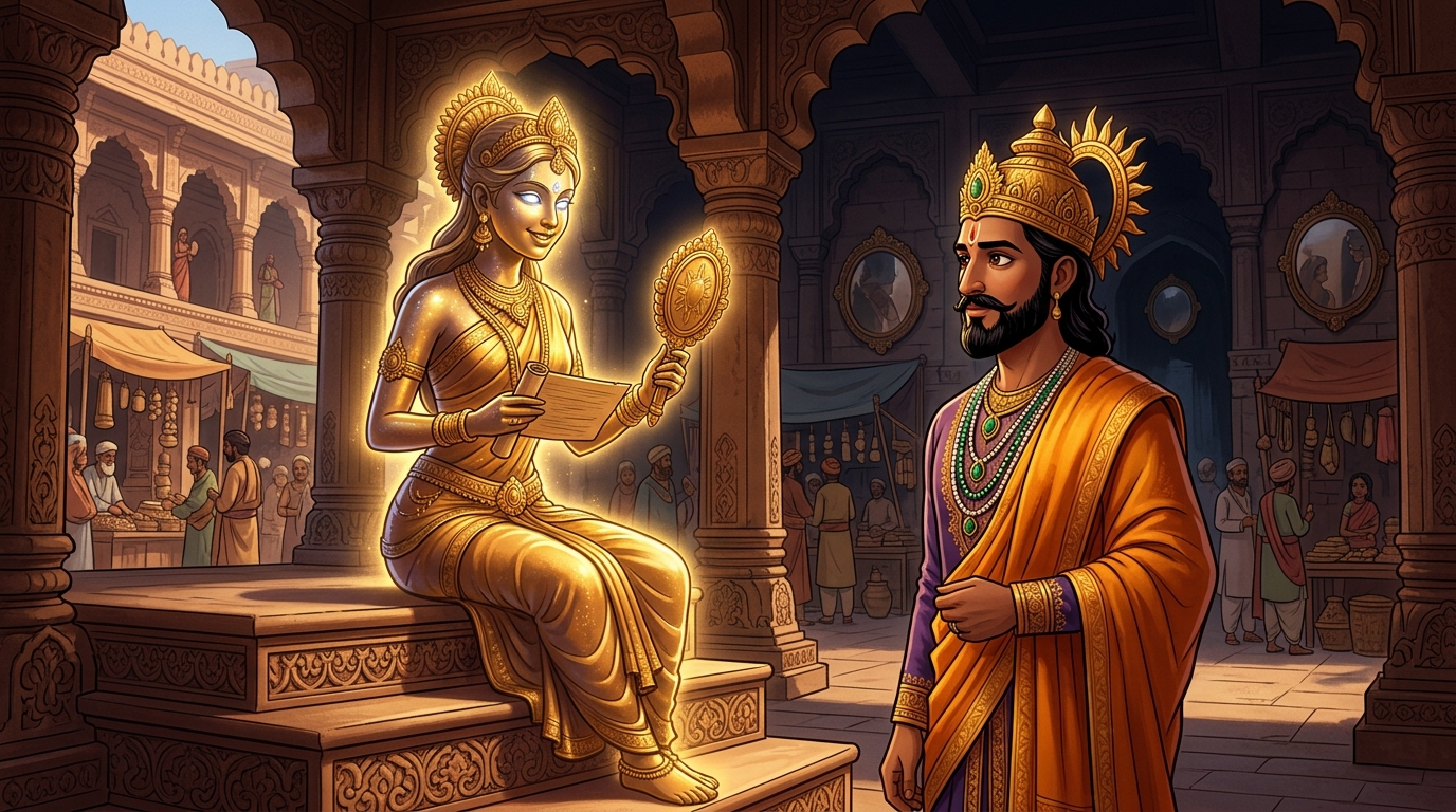 Back in Dharanagari palace, Taramati looks directly at King Bhoja with starlight-silver eyes