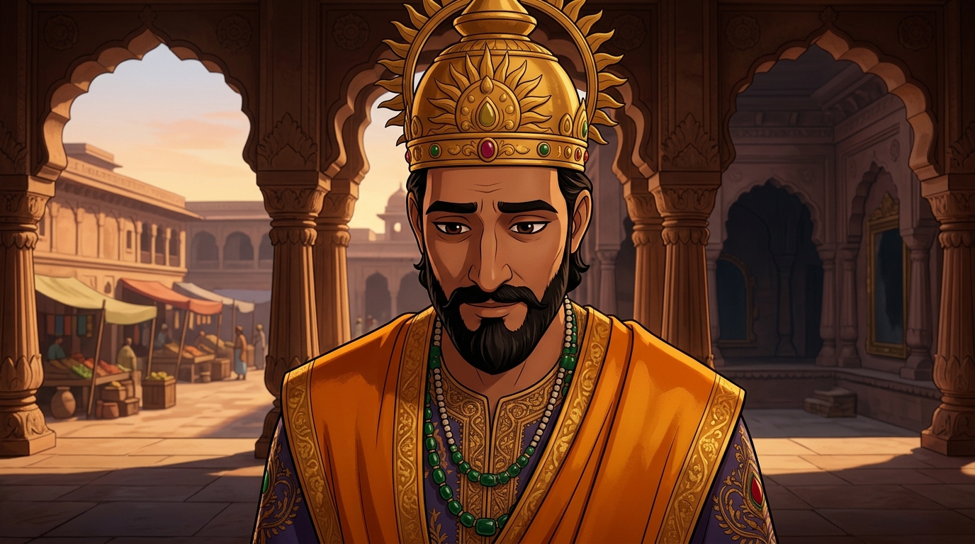 King Bhoja lowers his head in deep humility and introspection, acknowledging Vikramaditya's courage