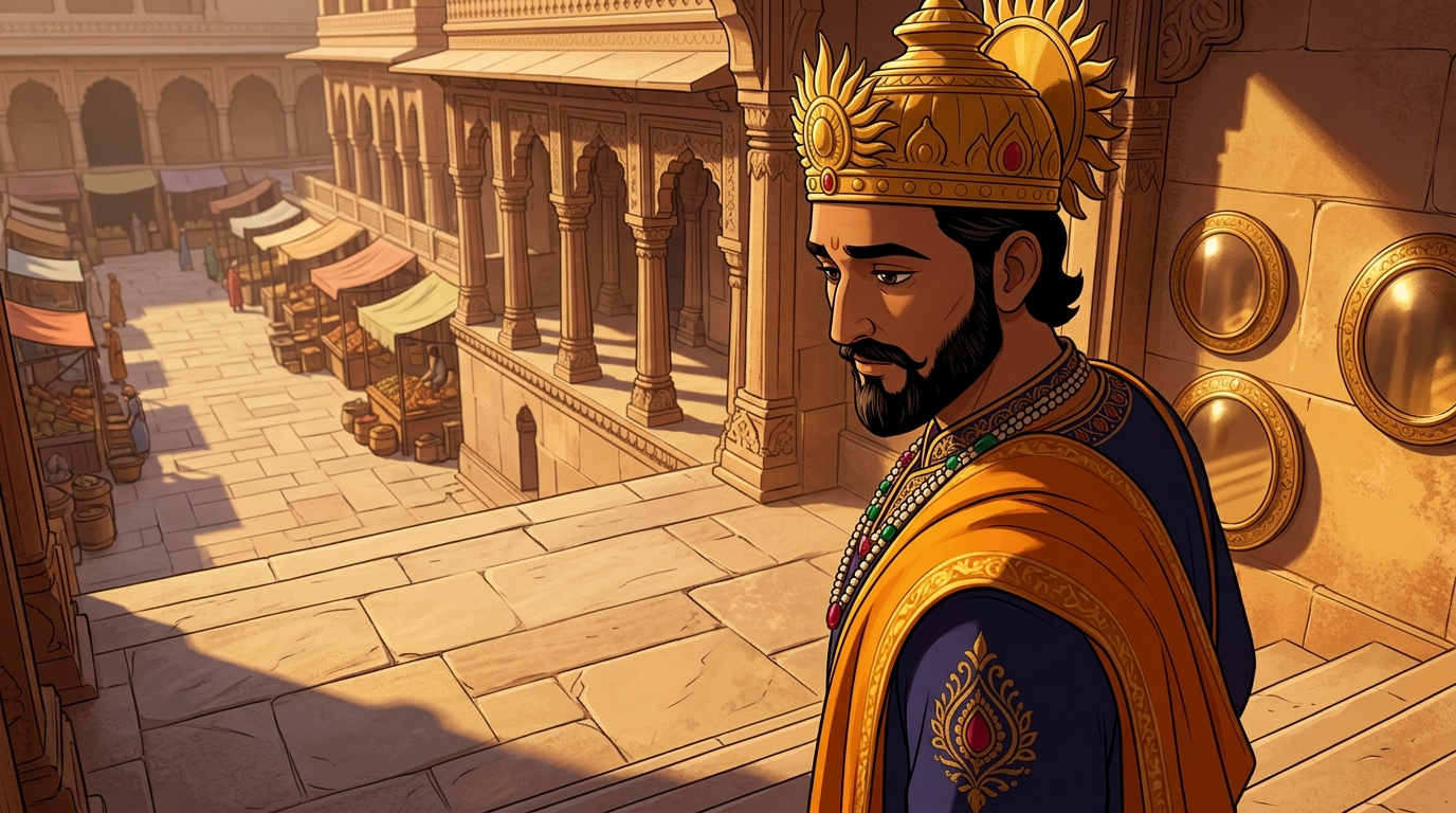 King Bhoja steps down from the fourteenth step, ordering trade inspection tribunals established