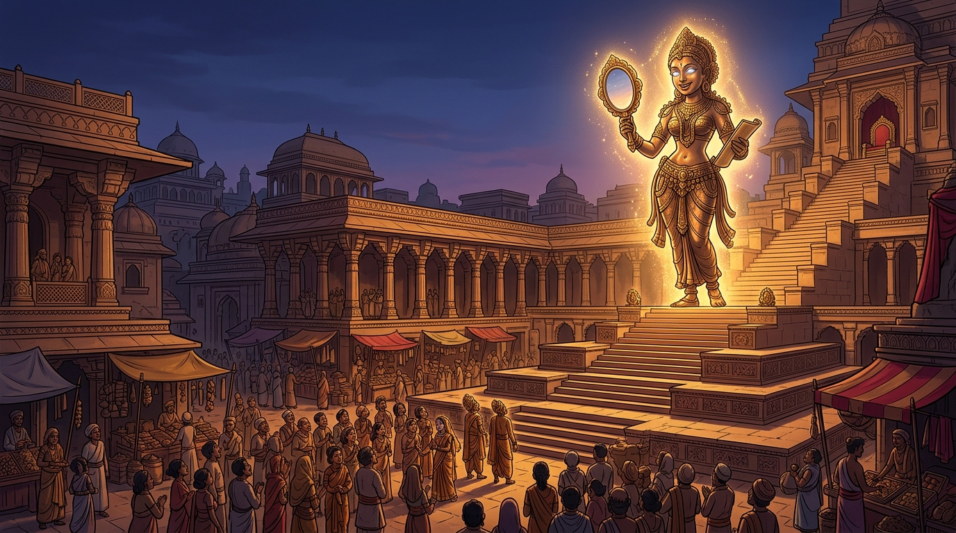 Twilight conches echo across Dharanagari as Taramati smiles and freezes back into silent bronze