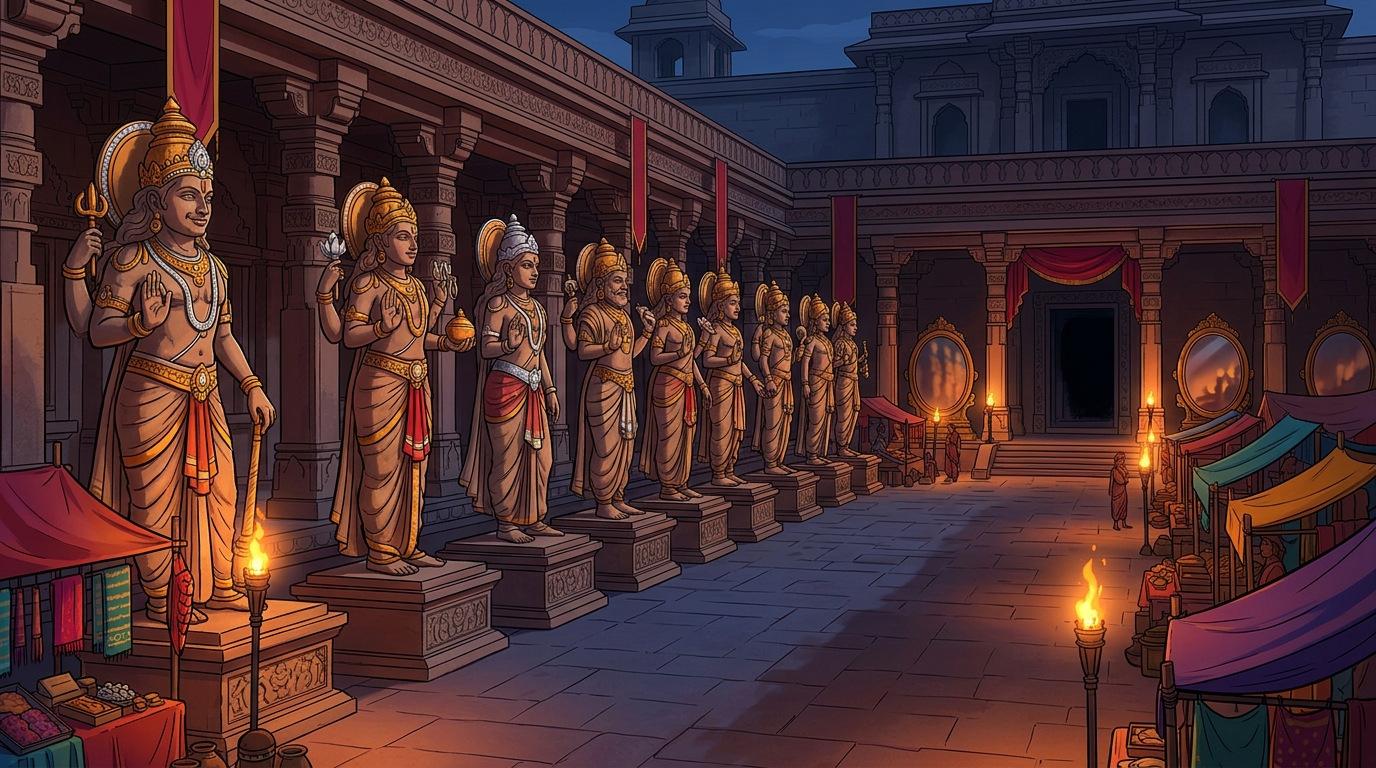 The remaining eighteen celestial statues gleam in the evening torchlight