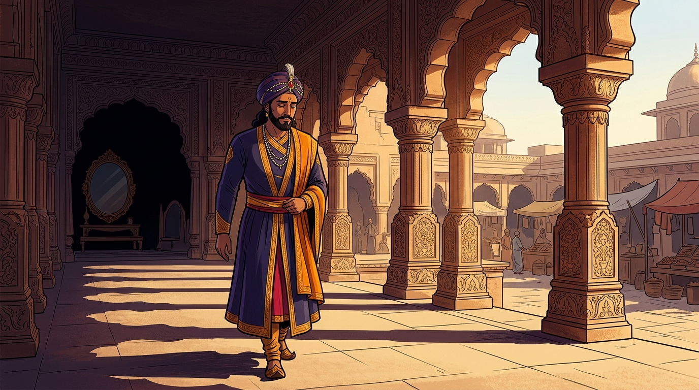 King Bhoja departs the throne room in quiet contemplation, inspired by Vikramaditya's justice