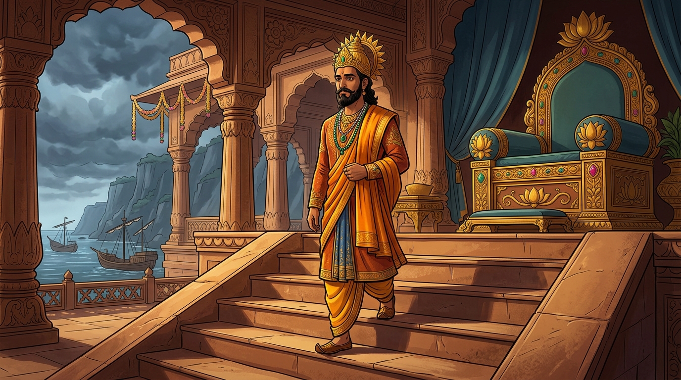 King Bhoja in sacred saffron silks approaches the fifteenth step of the throne