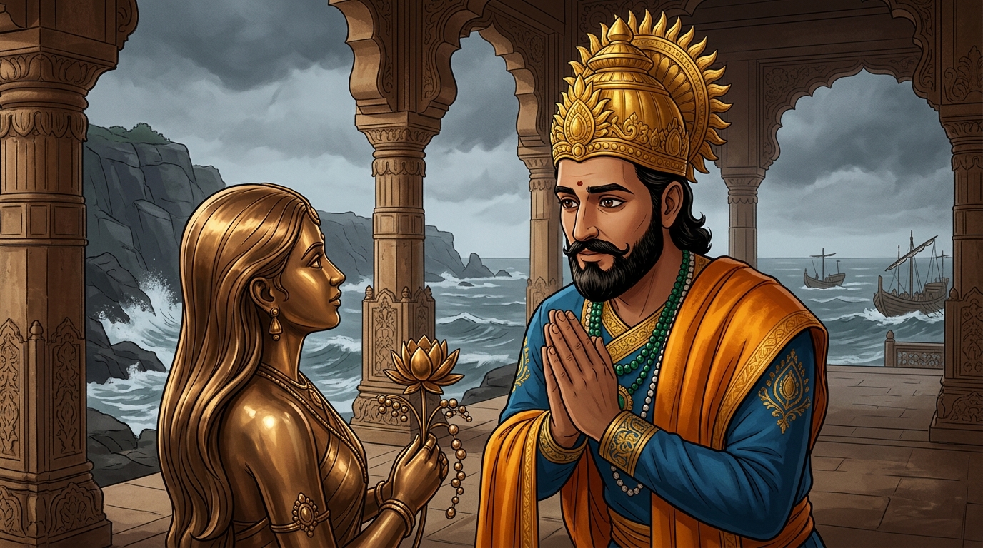 King Bhoja halts in deep reverence with folded hands, gazing at the living bronze maiden