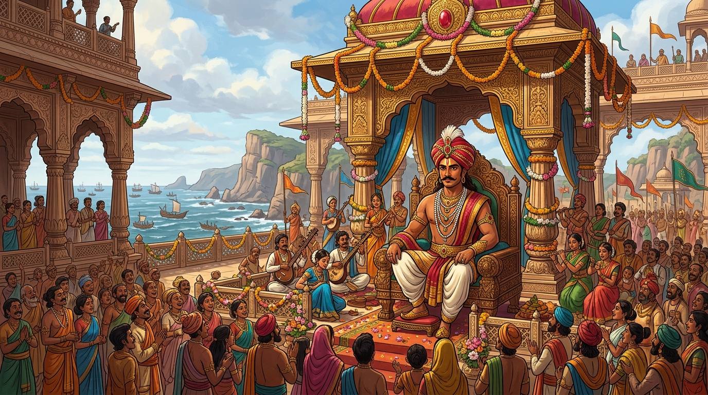 In the opulent royal spring court of ancient Ujjayini, Vikramaditya sits surrounded by musicians