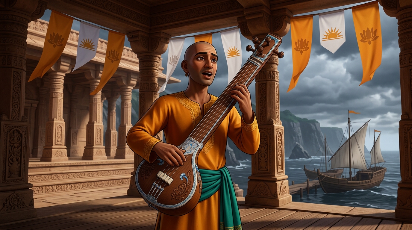 Gunakara plucks the strings of his tambura, singing a profound verse on impermanence