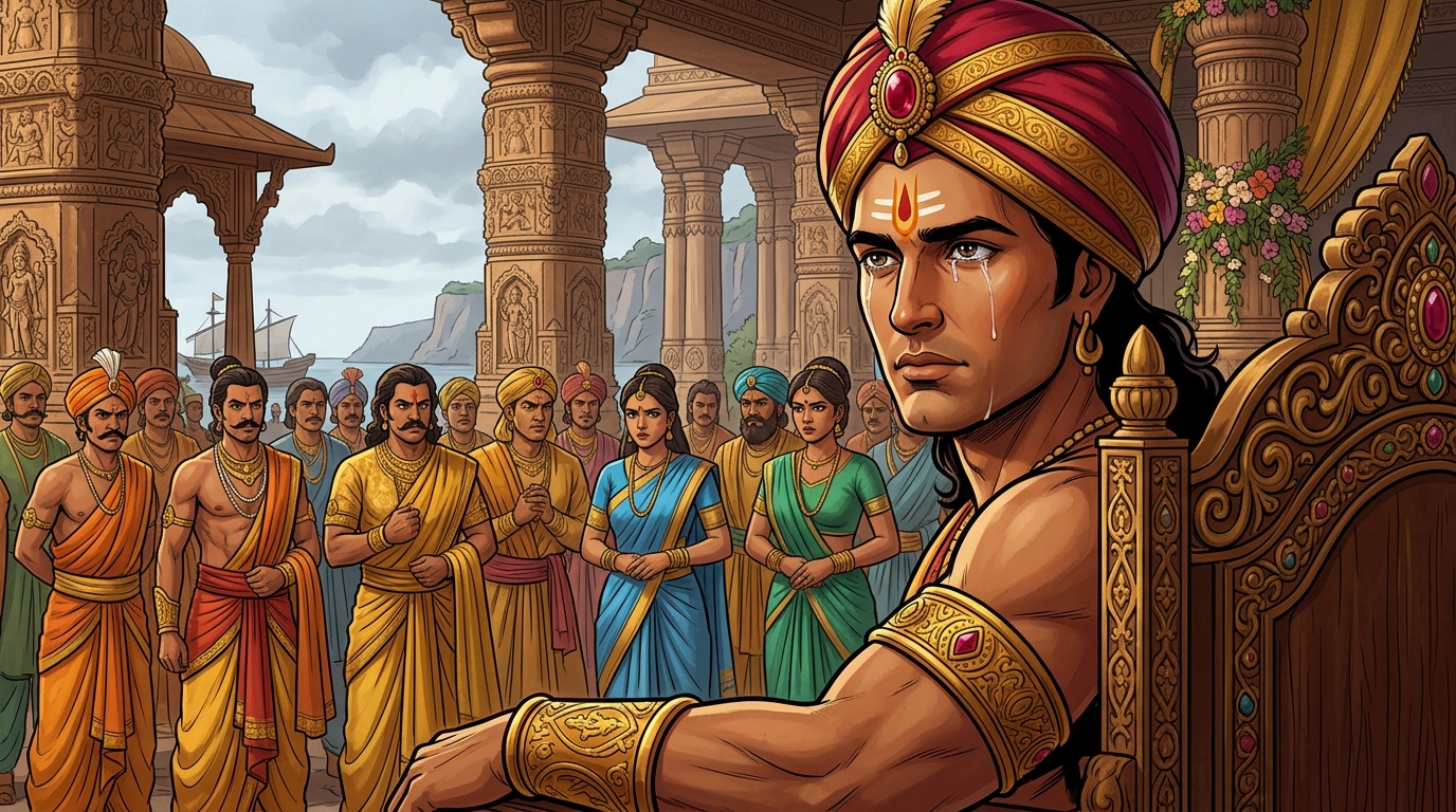 Flattering courtiers murmur in anger, but Vikramaditya listens with deep tears of spiritual joy